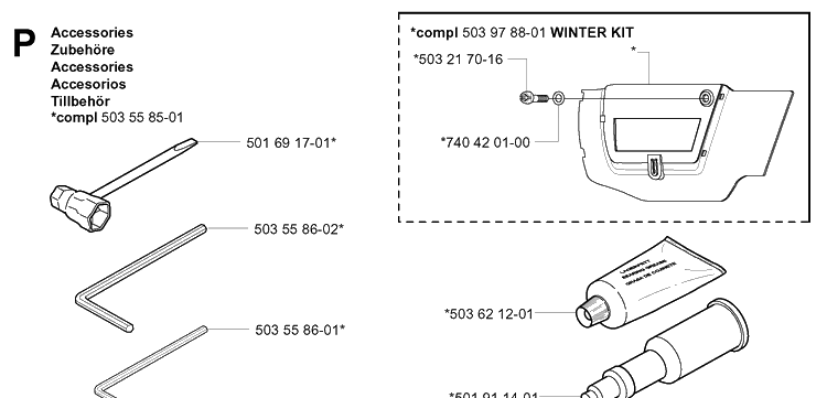 Accessories Diagram and Parts List for 357XP 20041800001-20050600000 Husqvarna Chainsaw