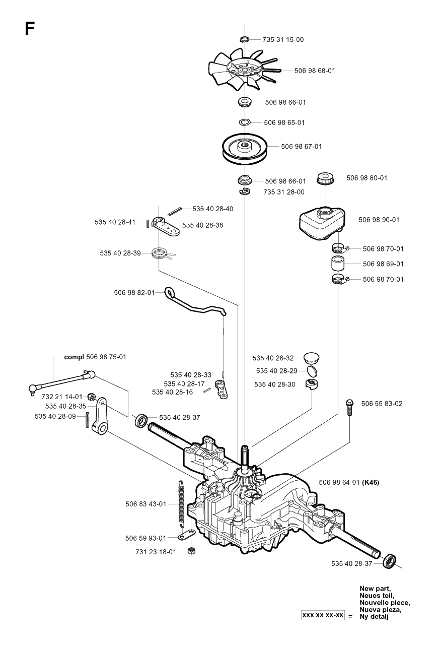 Transmission Diagram and Parts List for R16 2003-01 Husqvarna Lawn Tractor
