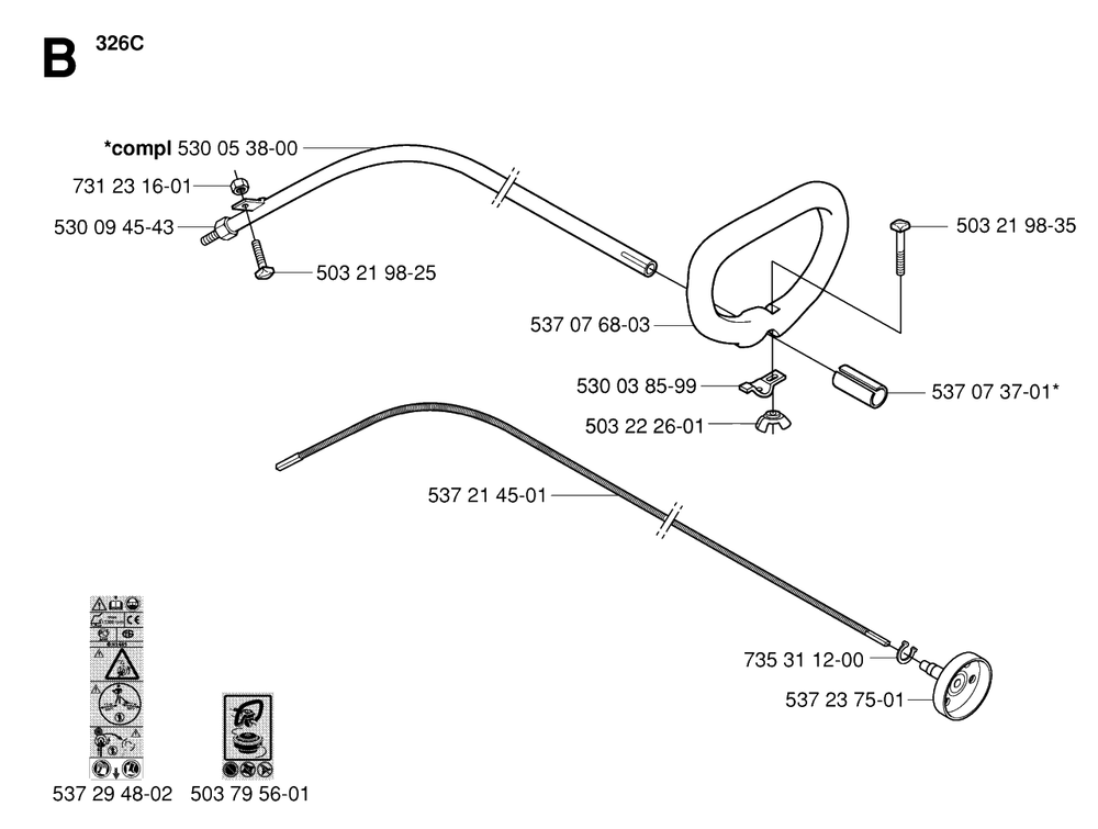 Shaft And Handle 3 Diagram and Parts List for 326L 20061400001 & Above Husqvarna Trimmer