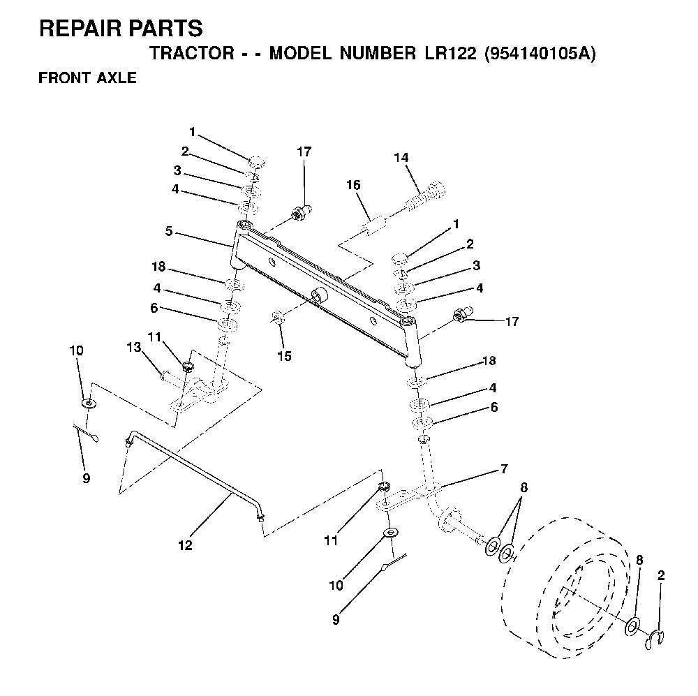 Front Axle Diagram and Parts List for LR122 (954140105A)(1999-09) Husqvarna Lawn Tractor