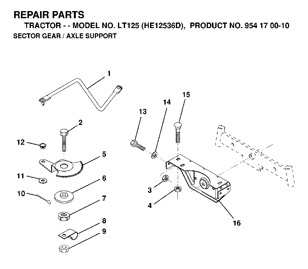 Sector Gear / Axle Support Diagram and Parts List for LT125 (HE12536D, 954170010)(1998-12) Husqvarna Lawn Tractor