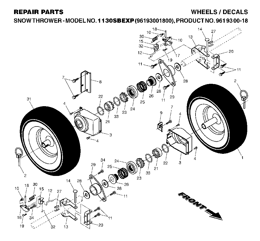 Wheels And Tires Diagram and Parts List for 1130SBEXP (96193001800, 961930018)(2006-10) Husqvarna Snow Blower