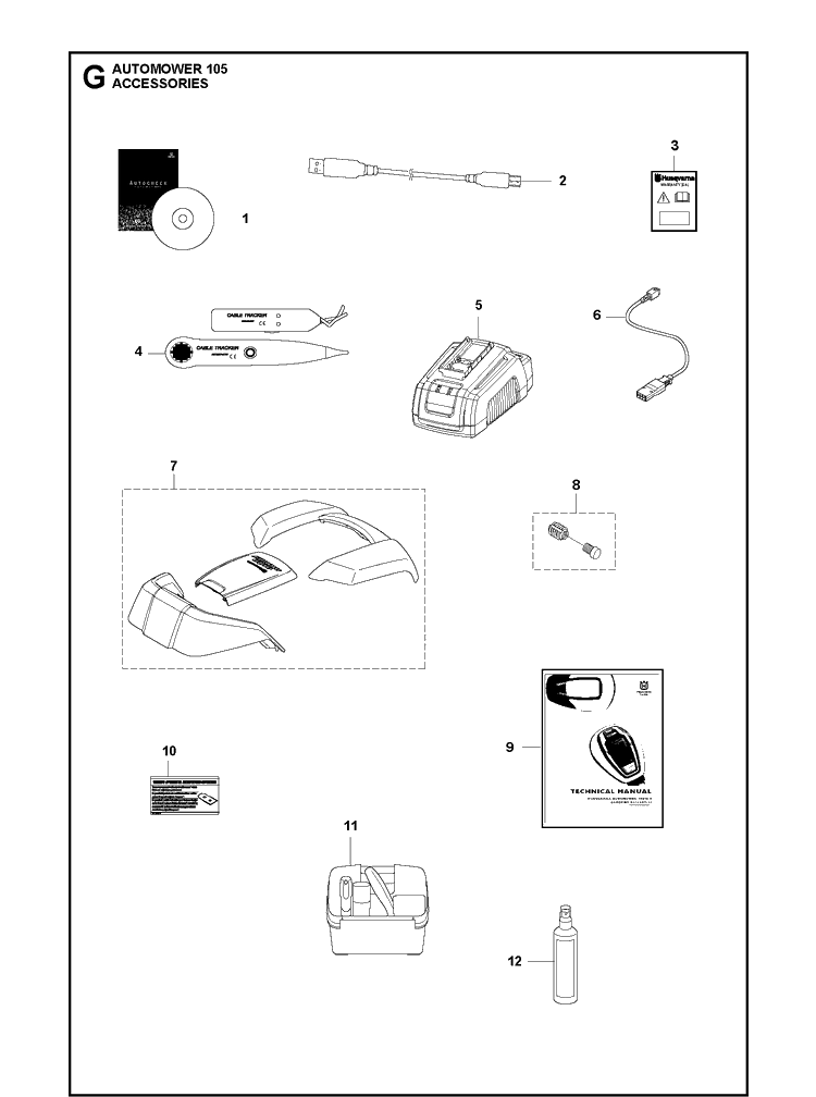 Accessories Diagram and Parts List for 105 2019 Husqvarna Lawn Mower