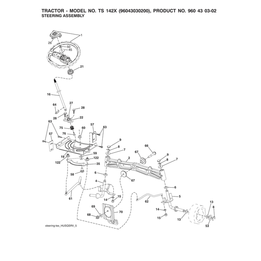 Steering Assembly Parts Diagram and Parts List for 96043030200  Husqvarna Lawn Tractor