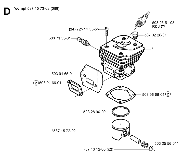 Cylinder Piston Diagram and Parts List for 359 20050600001-20060600000 Husqvarna Chainsaw