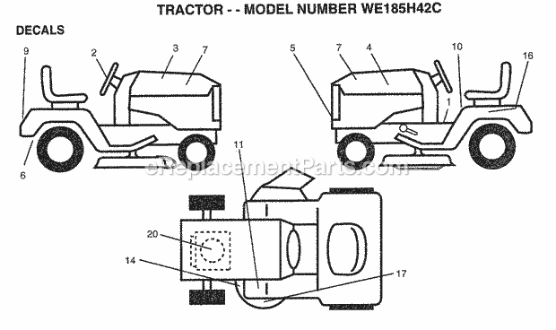 Decals Diagram and Parts List for WE185H42C 1997 Husqvarna Lawn Tractor