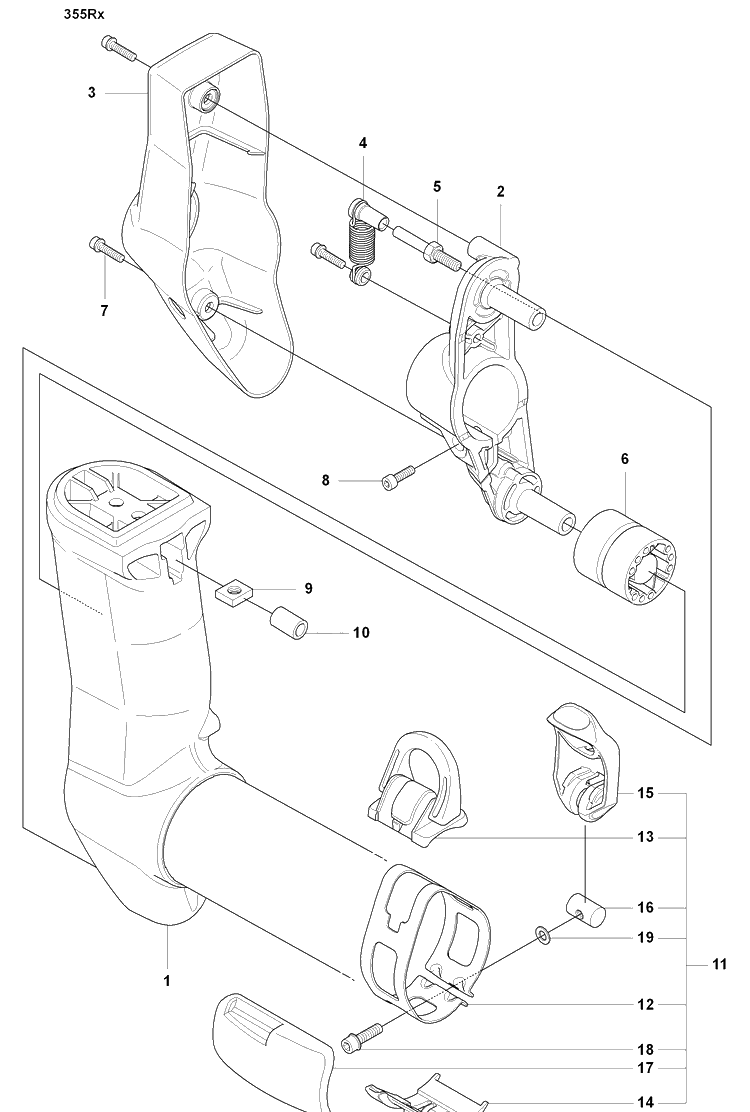 Handle Bar Support/355 Rx Diagram and Parts List for 355RX 2008-07 Husqvarna Brush Cutter
