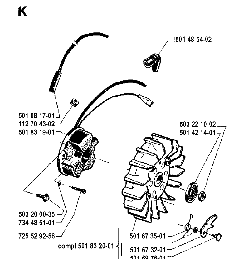 Ignition System Diagram and Parts List for 265RX 19921800001-19954500000 Husqvarna Brush Cutter