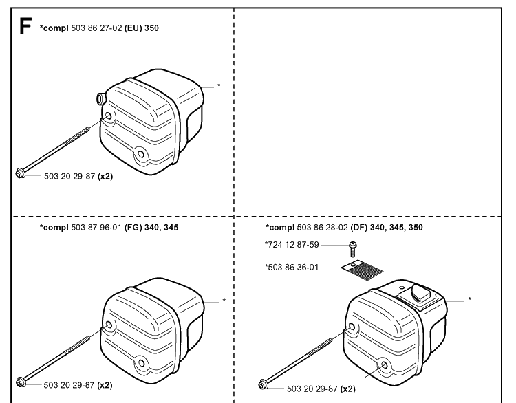 Muffler Diagram and Parts List for 345 20013500001-20030100000 Husqvarna Chainsaw