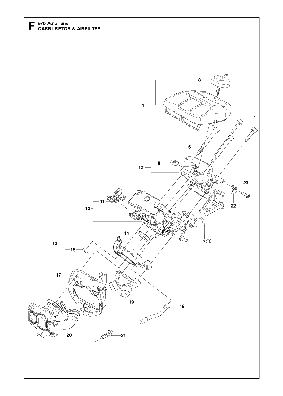 Carburetor And Air Filter Diagram and Parts List for 570AUTOTUNE 20130900001 & Above Husqvarna Chainsaw