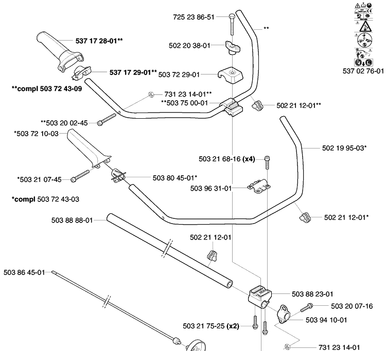 Shaft/Tube/Handle (323 R, 325 Rx/Rxt/Rdx) Diagram and Parts List for 323R (RJ)(2002-01) Husqvarna Trimmer