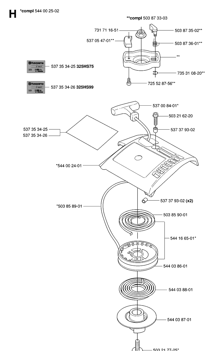Starter Diagram and Parts List for 325HS99 (X-SERIES)(20063600001-20081800000) Husqvarna Hedge Trimmer