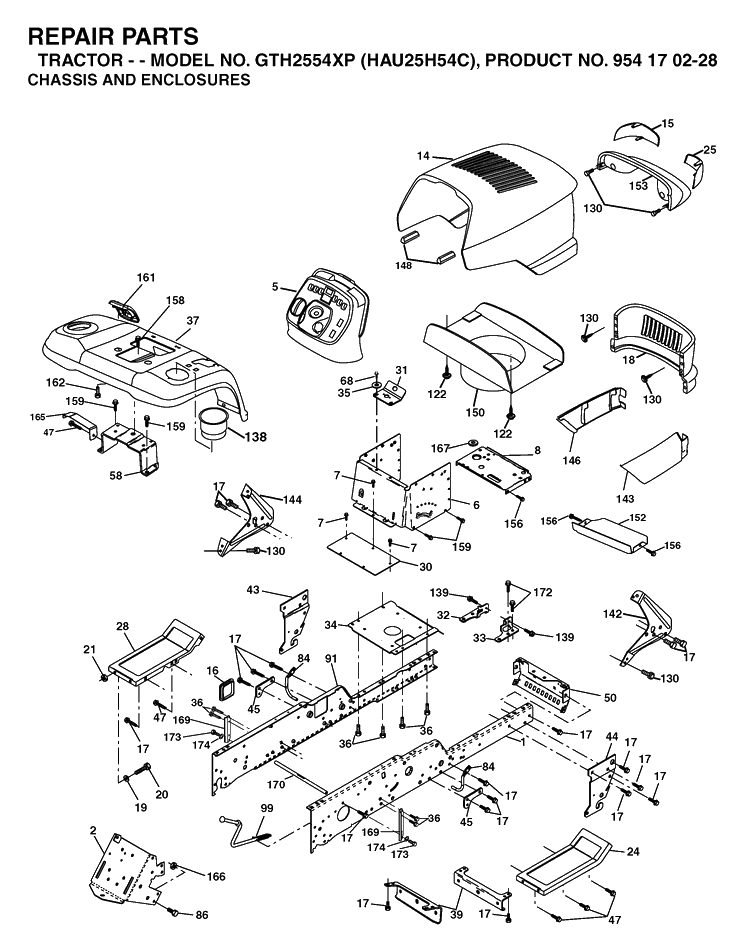 Chassis And Enclosures Diagram and Parts List for GTH2554XP (HAU25H54C)(2005-04) Husqvarna Lawn Tractor