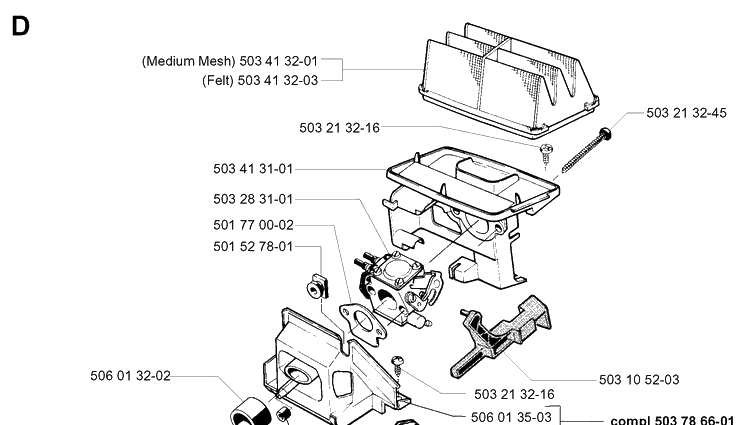 Carburetor And Air Filter Diagram and Parts List for 49 19960100001-19981800000 Husqvarna Chainsaw