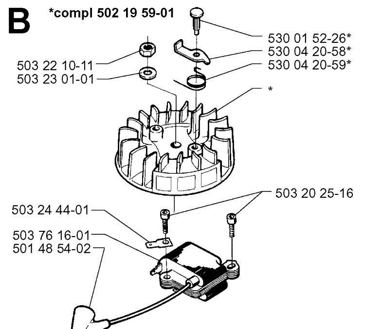 Ignition System Diagram and Parts List for 225BV 19963100001-19970500000 Husqvarna Leaf Blower / Vacuum