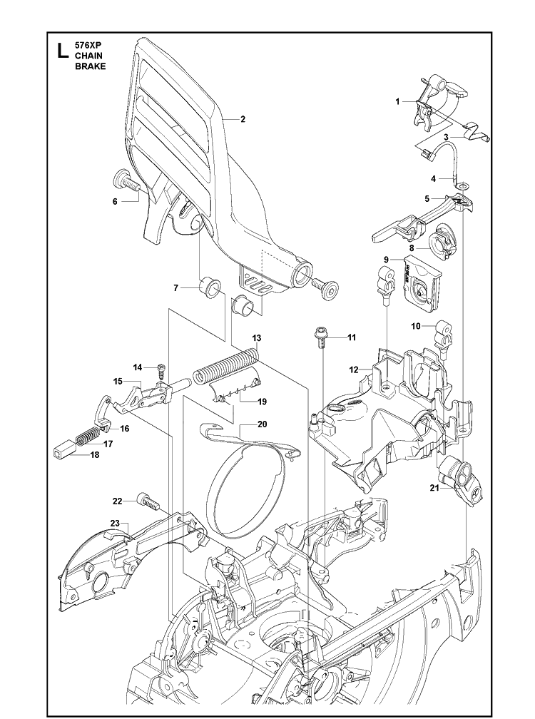 Chain Brake Diagram and Parts List for 576XP-576XPEPA 20100100001-20110100000 Husqvarna Chainsaw