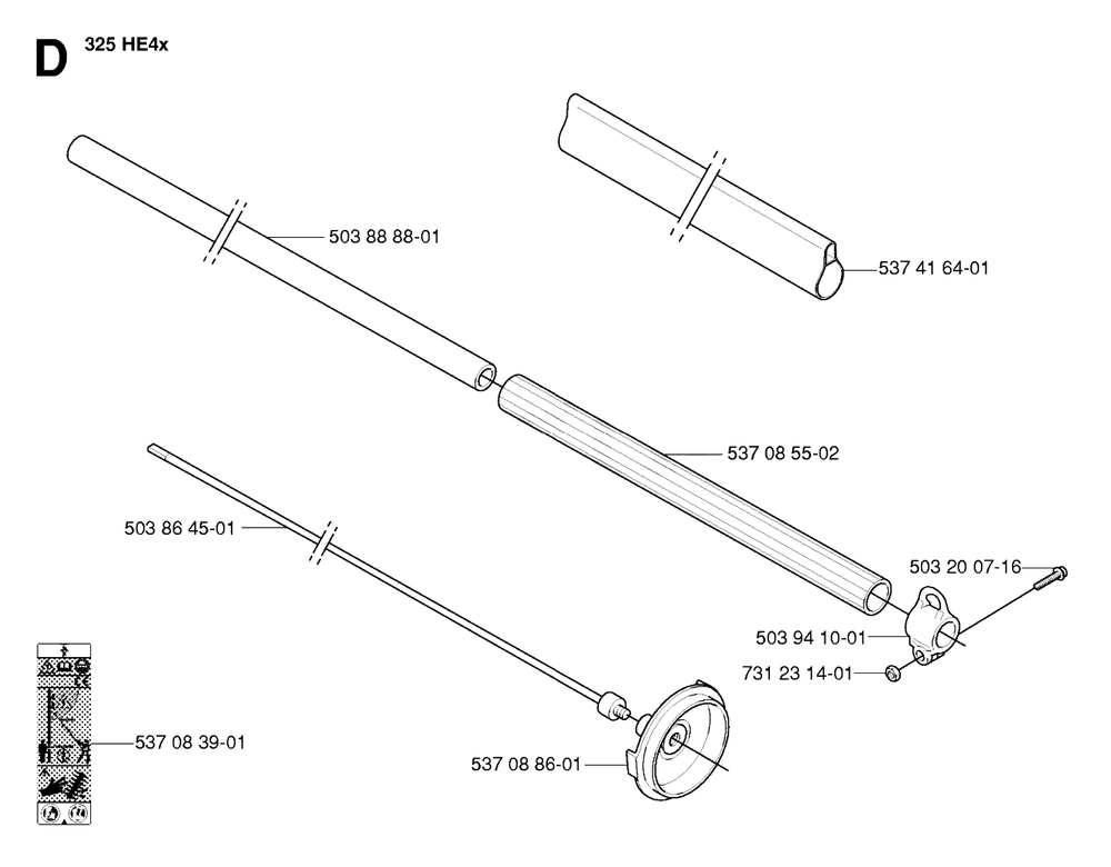 Shaft Diagram and Parts List for 325HDA55X 20054000001 & Above Husqvarna Hedge Trimmer
