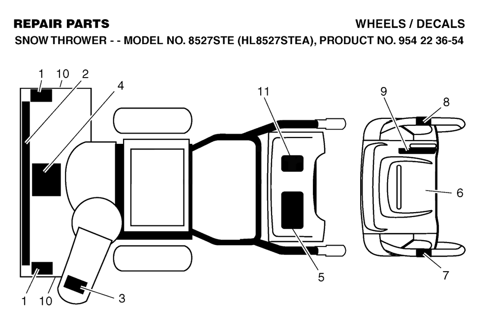 Decals Diagram and Parts List for 8527STE (954223654-A)(2004-03) Husqvarna Snow Blower