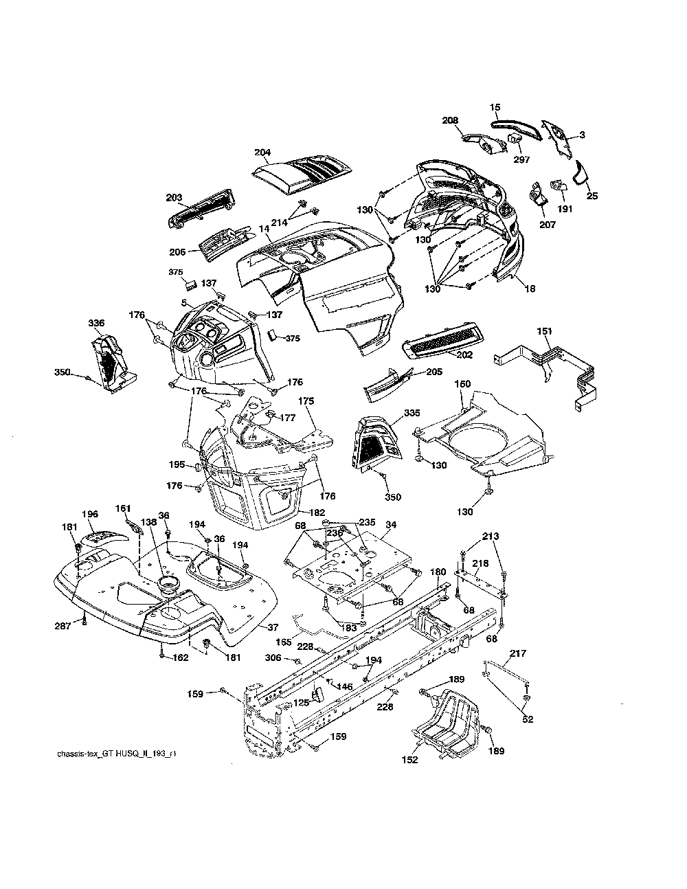 Chassis & enclosures Diagram and Parts List for YT42CS-502120  Husqvarna Lawn Tractor