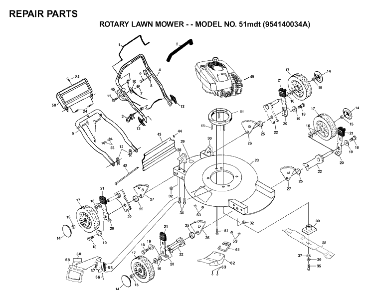 Product Complete Diagram and Parts List for 51MDT (954140034A)(1997-01) Husqvarna Lawn Mower