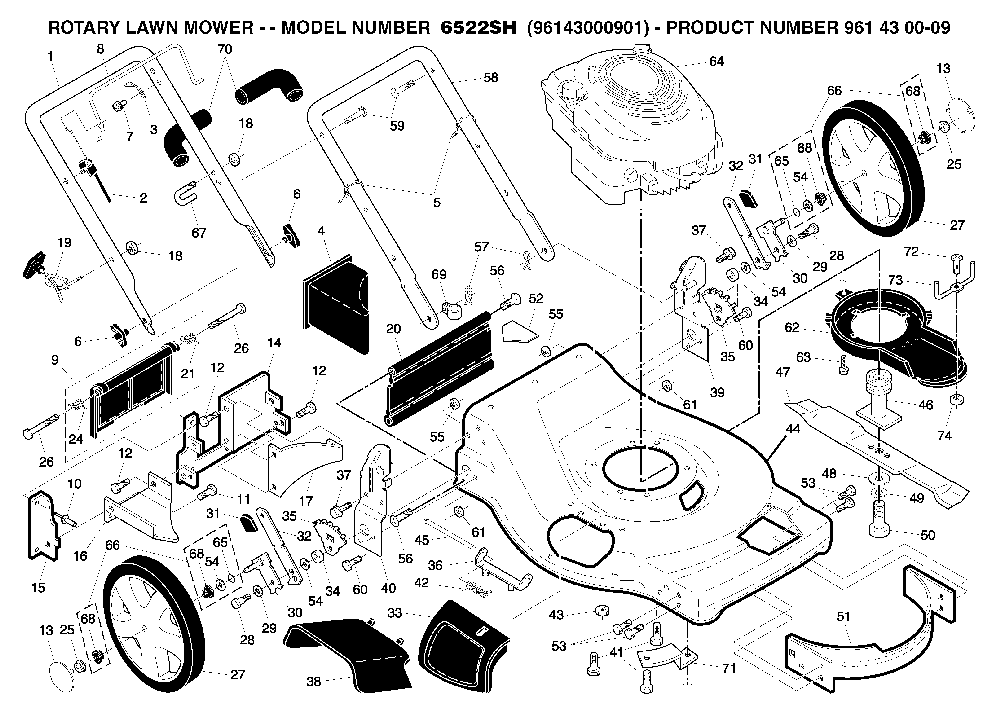 Repair Parts Diagram and Parts List for 6522SH (96143000901)(2005-02) Husqvarna Lawn Mower