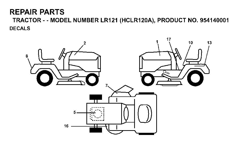 Decals Diagram and Parts List for LR121 (HCLR120A, 954140001)(1996-08) Husqvarna Lawn Tractor
