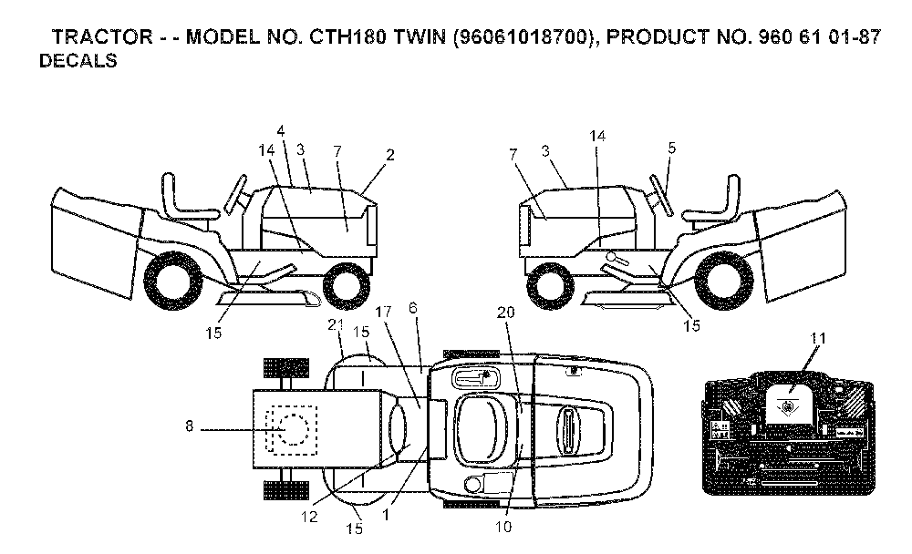 Decals Diagram and Parts List for CTH180TWIN (96061018601)(2007-04) Husqvarna Lawn Tractor