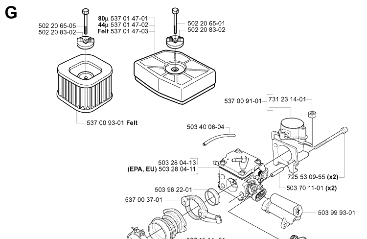 Carburetor And Air Filter Diagram and Parts List for 385XP 20051000001-20064000000 Husqvarna Chainsaw
