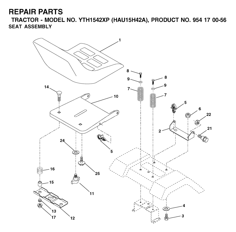 Seat Diagram and Parts List for YTH1542XP (954170056-A)(2003-01) Husqvarna Lawn Tractor