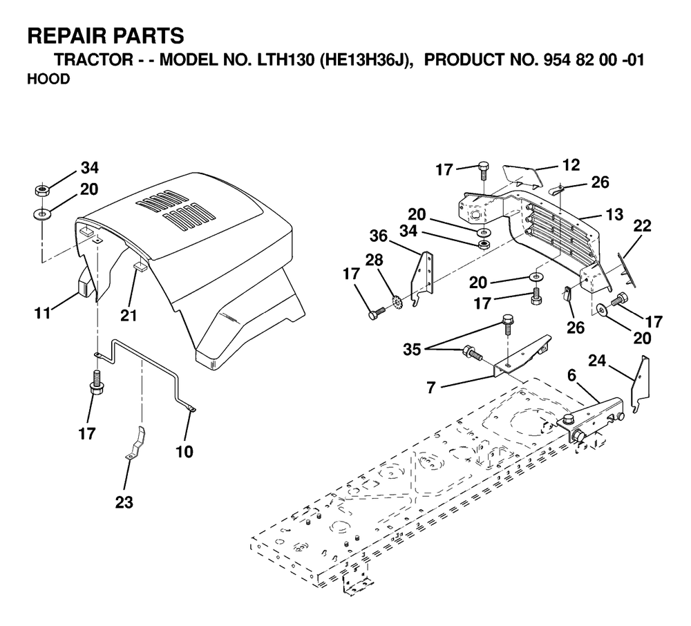 Hood Diagram and Parts List for LTH130 (954820001-J)(2000-03) Husqvarna Lawn Tractor