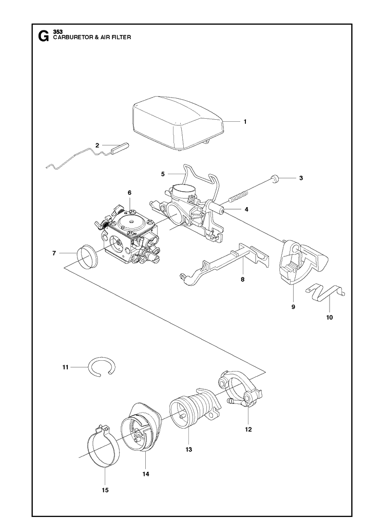 Carburetor And Air Filter Diagram and Parts List for 353  Husqvarna Chainsaw