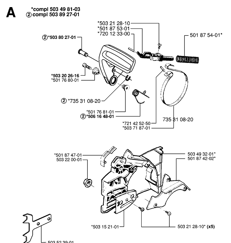 Chain Brake Diagram and Parts List for 55 (RANCHER)(19983100001-20001900000) Husqvarna Chainsaw