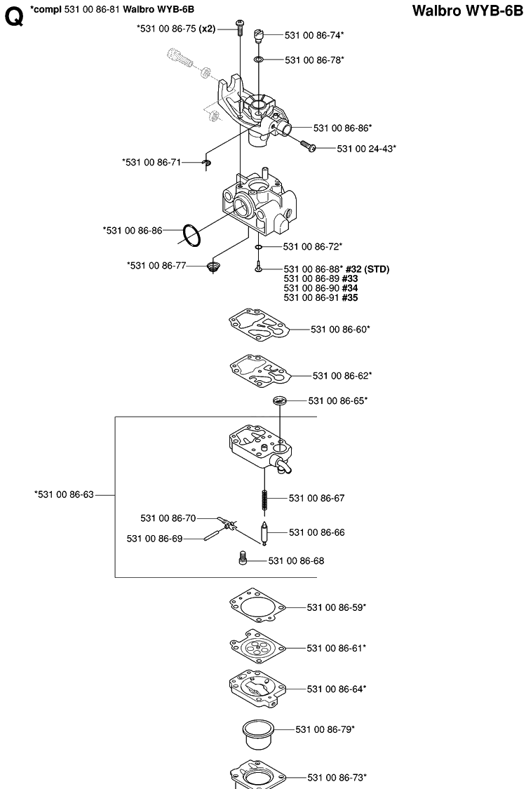 Carburetor Details Diagram and Parts List for 324HDA55 (X-SERIES)(20053600001-Current) Husqvarna Hedge Trimmer