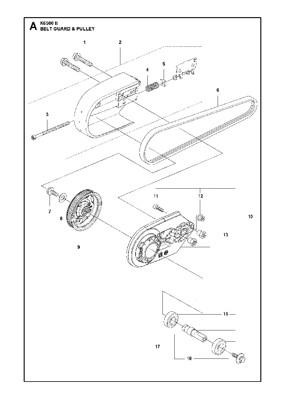Belt Guard And Pulley Diagram and Parts List for K6500II 2016-06 Husqvarna Circular Saw