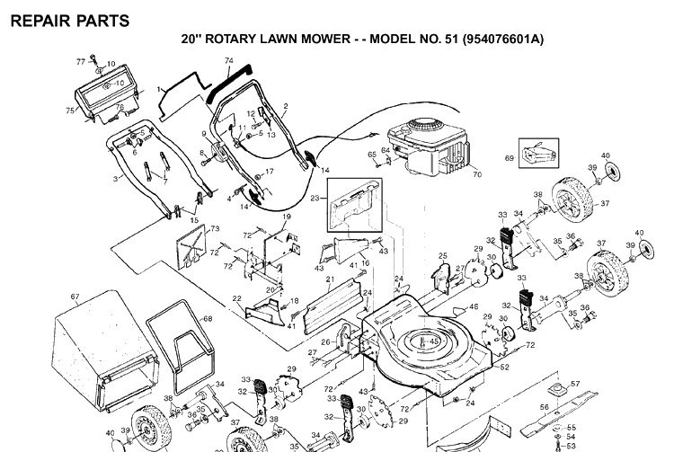 Product Complete Diagram and Parts List for 51 (954076601A)(1994-08) Husqvarna Lawn Mower