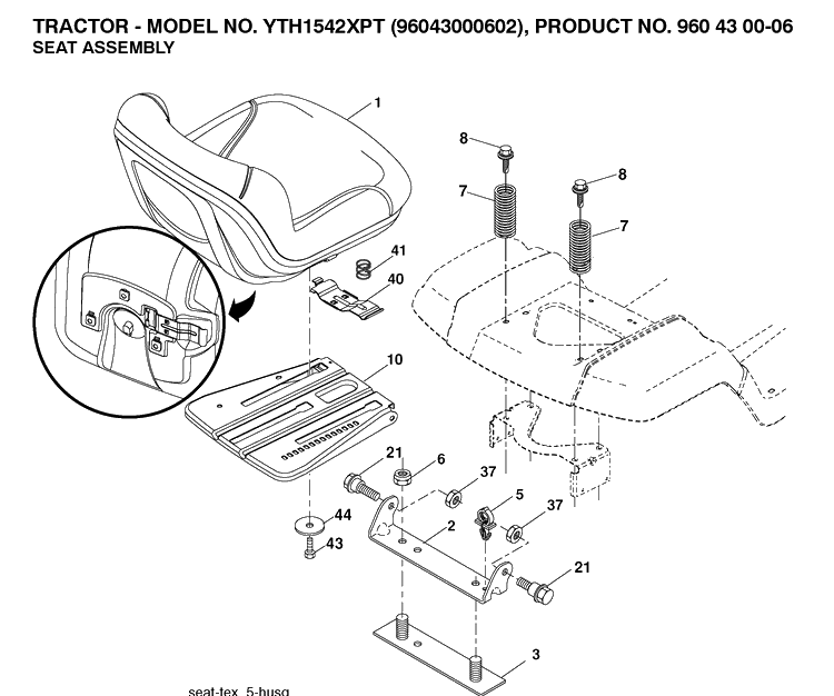 Seat Diagram and Parts List for YTH1542XP (96043000602)(2006-10) Husqvarna Lawn Tractor