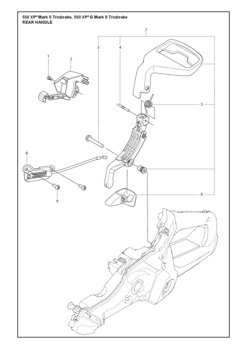 Rear Handle Diagram and Parts List for 550XPMARKIITRIOBRAKE  Husqvarna Chainsaw