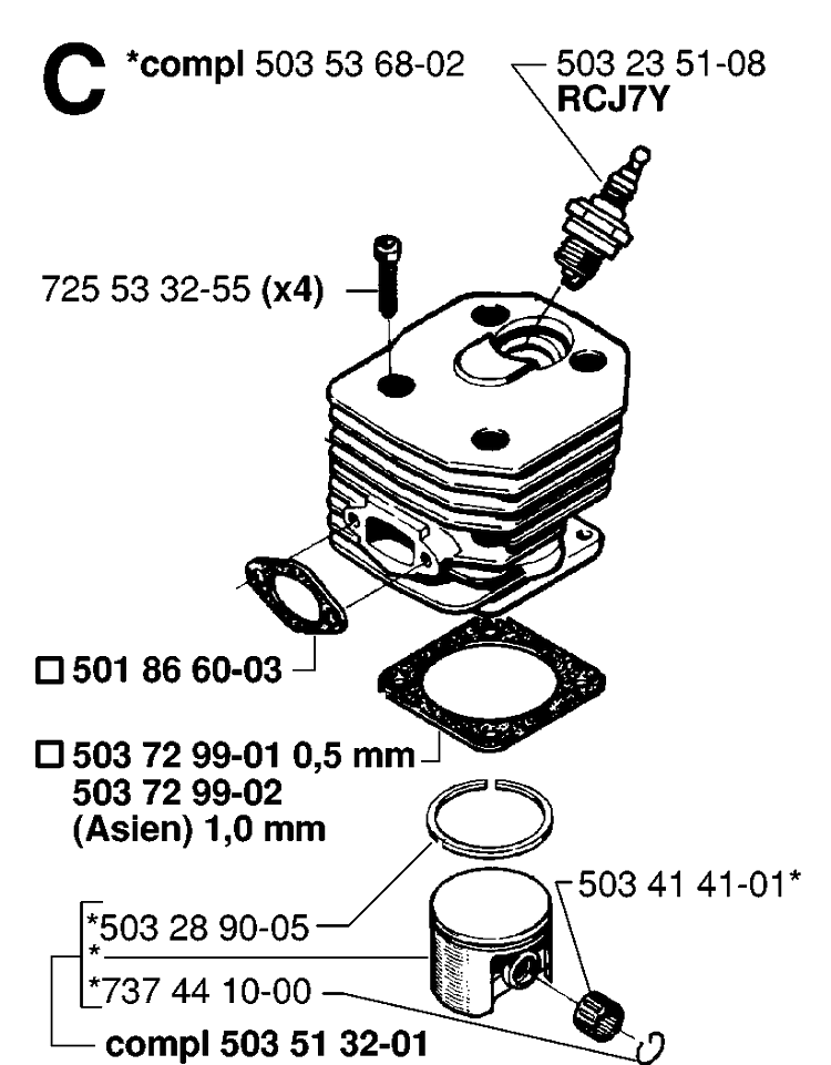 Cylinder Piston Diagram and Parts List for 242 19981800001-20013500000 Husqvarna Chainsaw