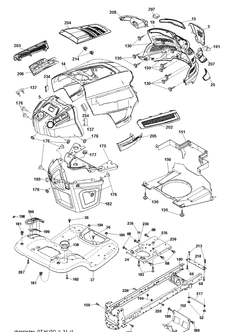 Chassis And Enclosures Diagram and Parts List for YTH21K46 (96048000900)(2010-12) Husqvarna Lawn Tractor