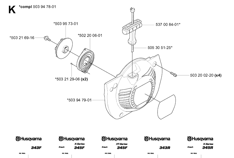 Starter Diagram and Parts List for 343F 20043100001-20064000000 Husqvarna Brush Cutter
