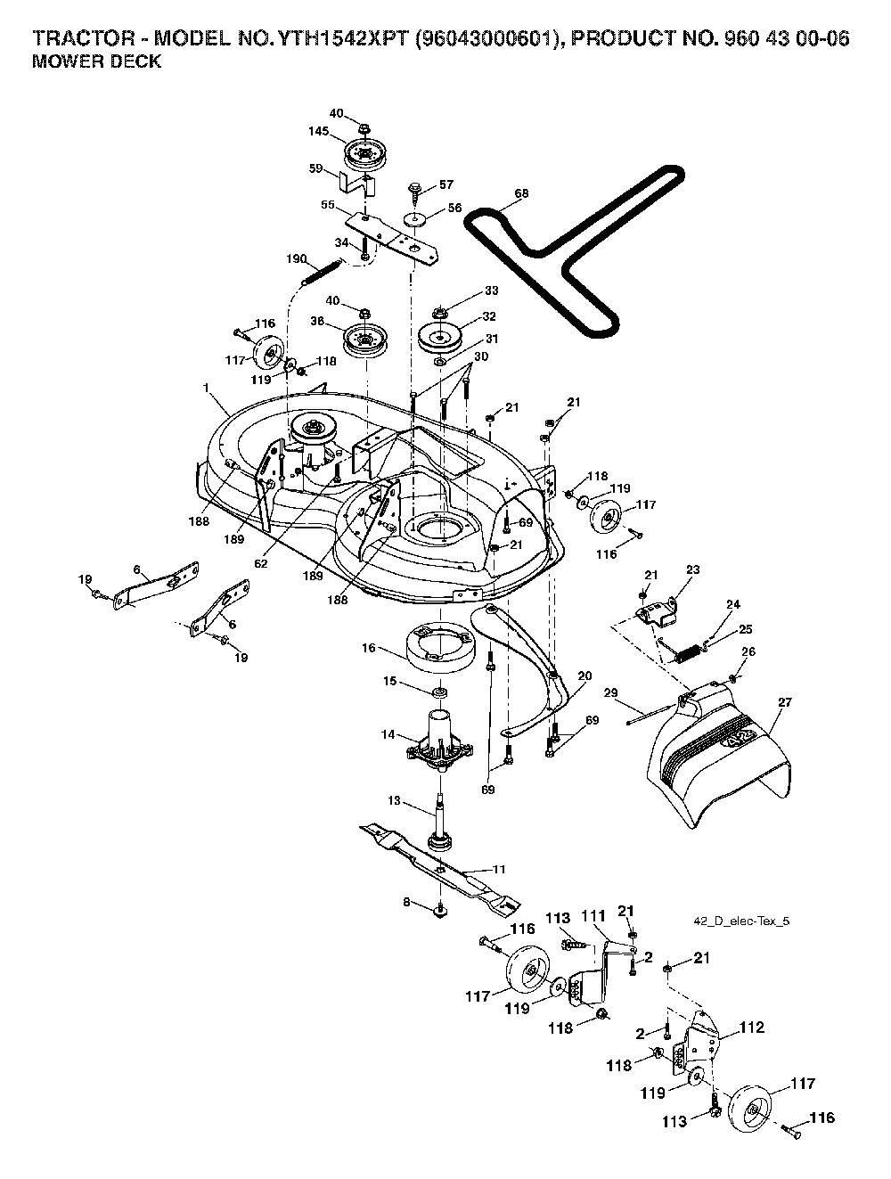 Mower Deck / Cutting Deck Diagram and Parts List for YTH1542XPT (96043000601)(2006-03) Husqvarna Lawn Tractor