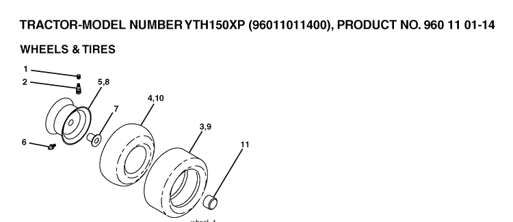 Wheels And Tires Diagram and Parts List for YTH150XP (96011011400)(2006-01) Husqvarna Lawn Tractor