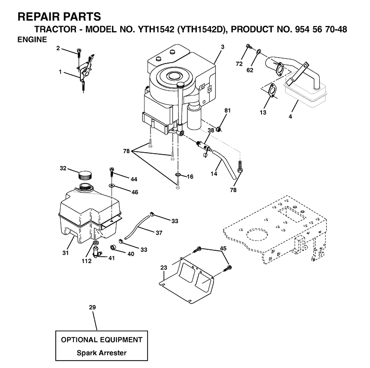 Engine Diagram and Parts List for YTH1542 (954567048)(2001-11) Husqvarna Lawn Tractor