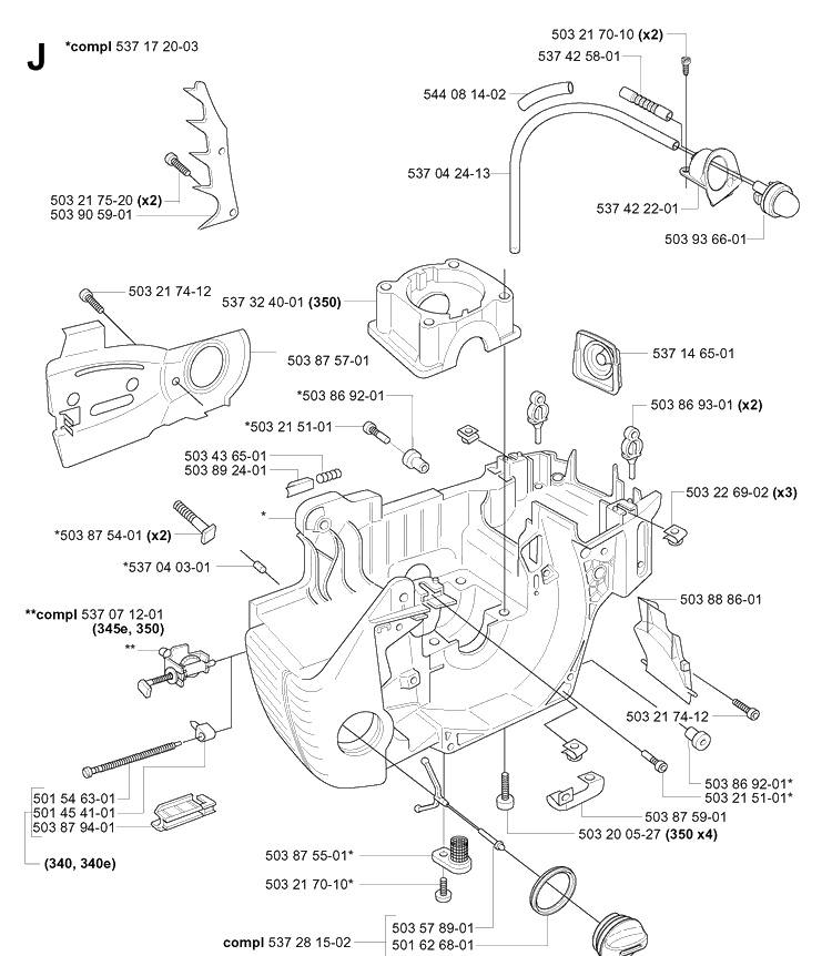 Crankcase Diagram and Parts List for 340E 20051800001-20062300000 Husqvarna Chainsaw
