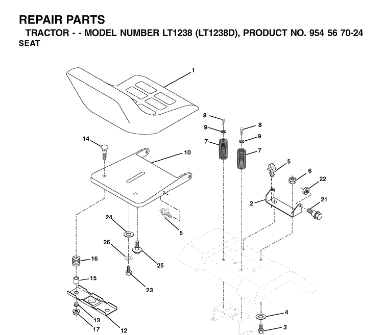 Seat Diagram and Parts List for LT1238-LT1238D 2002-02 Husqvarna Lawn Tractor