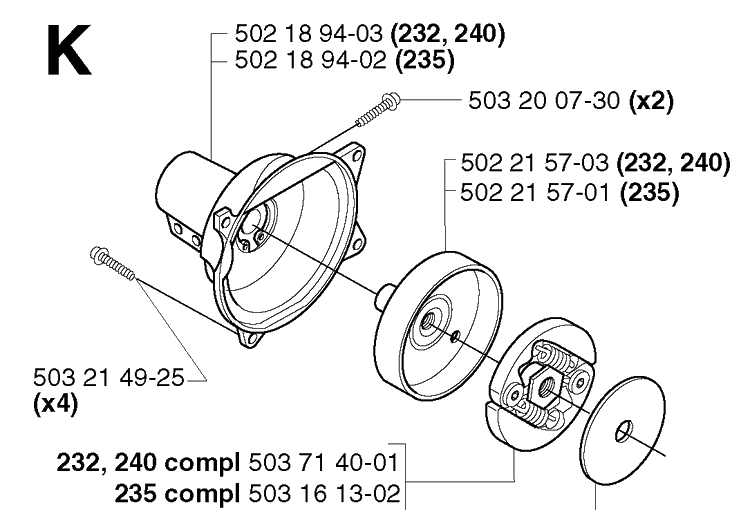 Clutch Diagram and Parts List for 235R 20023500001-20060100000 Husqvarna Brush Cutter