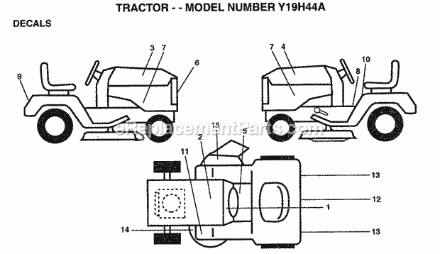 Decals Diagram and Parts List for Y19H44A 1995 Husqvarna Lawn Tractor