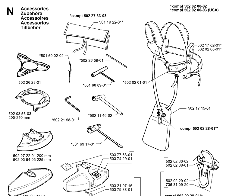 Accessories Diagram and Parts List for 252RX 19991400001-20011800000 Husqvarna Brush Cutter