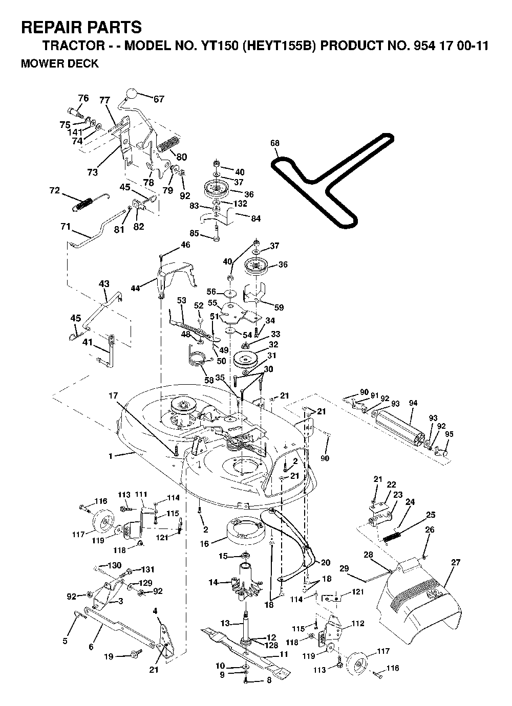 Mower Deck / Cutting Deck Diagram and Parts List for YT150 (HEYT155B, 954170011)(1998-12) Husqvarna Lawn Tractor