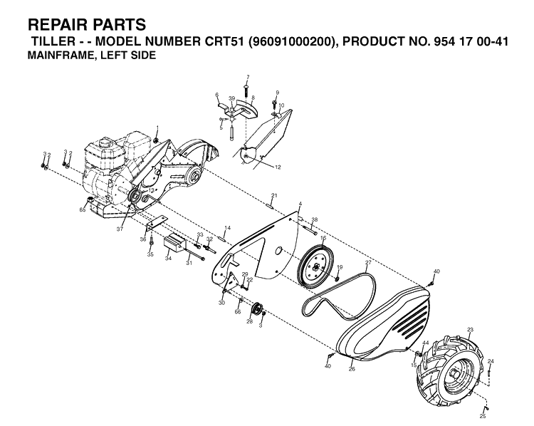 Mainframe, Left Side Diagram and Parts List for CRT51 (96091000200)(2006-02) Husqvarna Cultivator